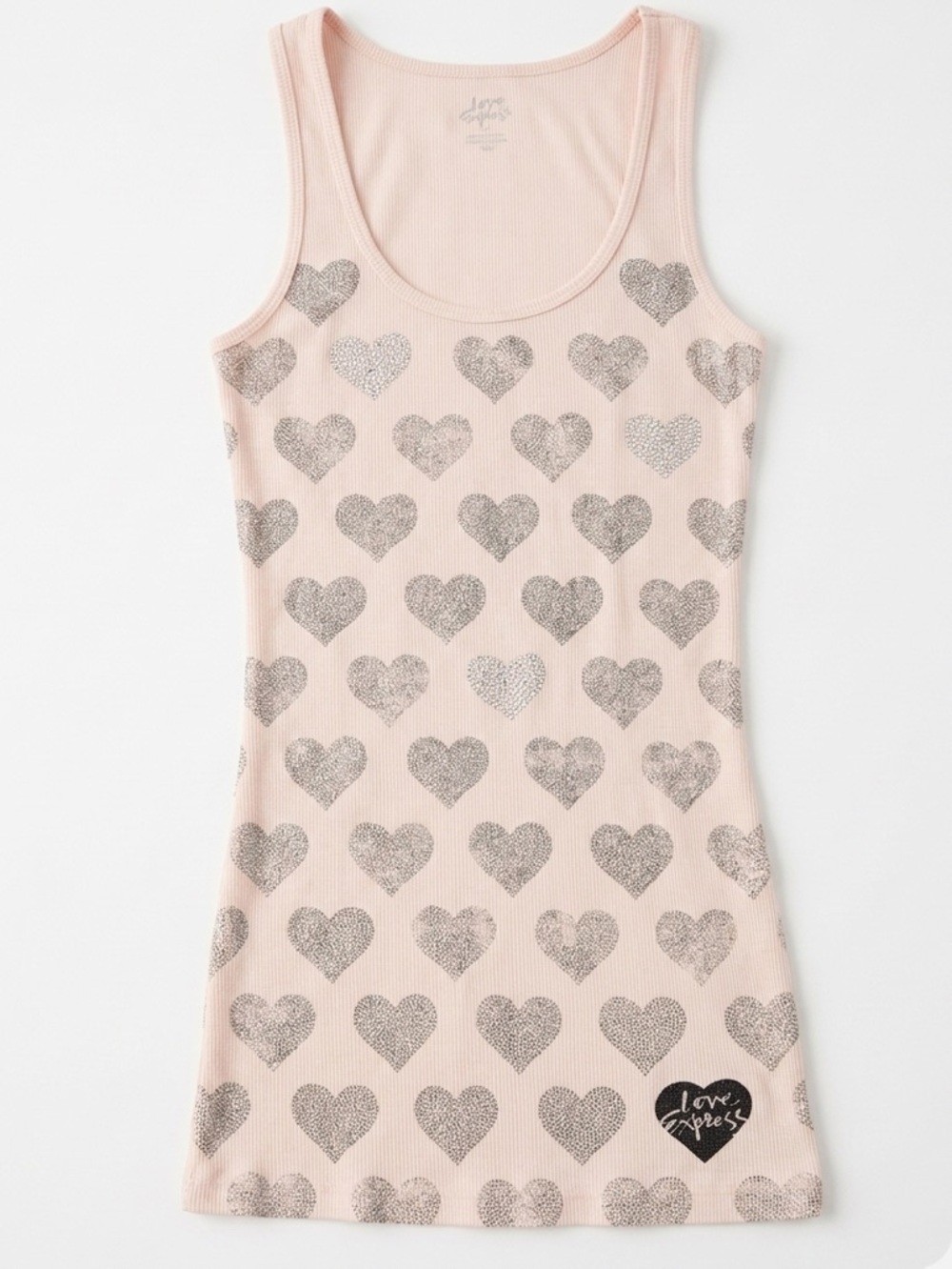 Express Sexy Basic Tank Top XS Peach Pink Silver Glitter Heart Ribbed Knit EUC - Picture 2 of 6